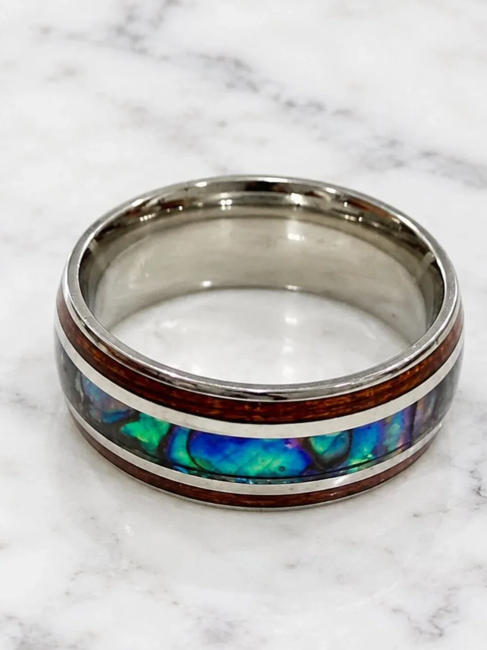 Men's Abalone Inlay Tungsten Ring with Wood Accents - Blue/Green